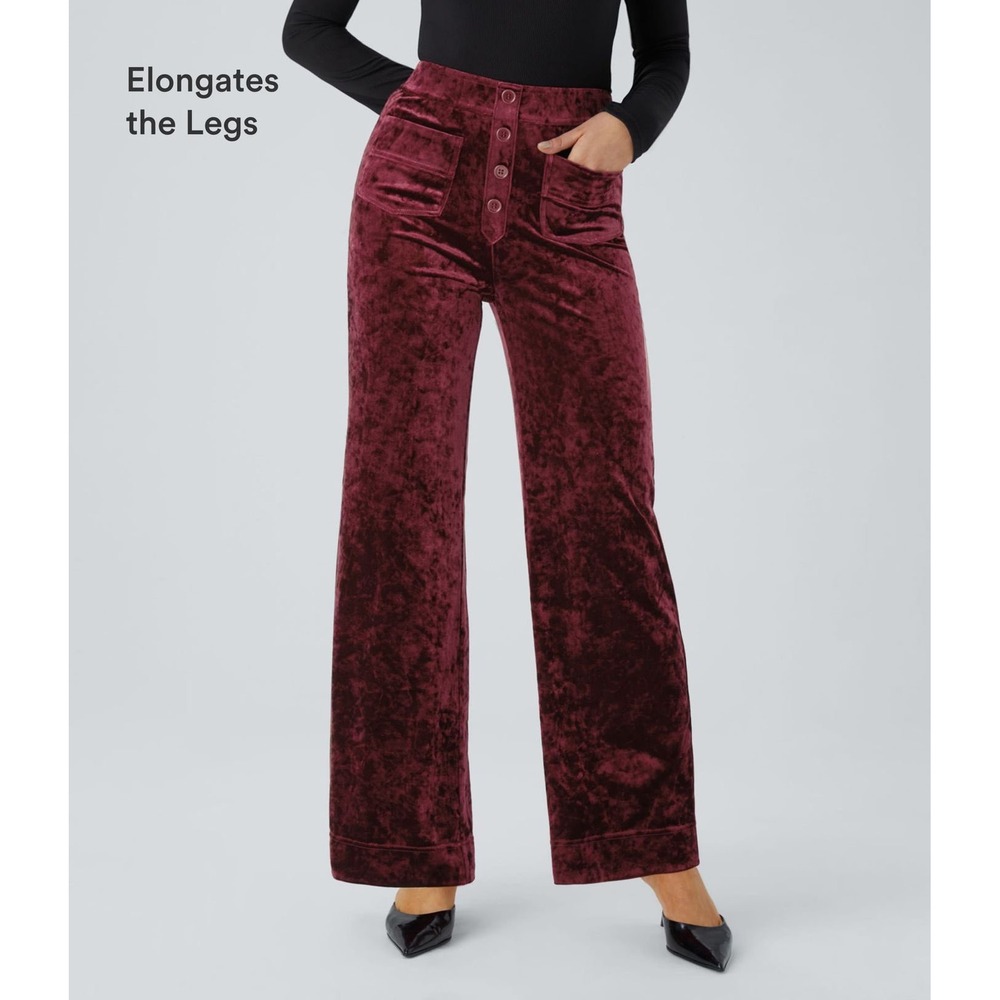 Halara NWT High Waisted Button Straight Leg Casual Pants Velvet Burgundy Size XL